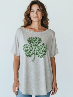 Next Level Apparel Light Gray Tee with Green Shamrock Pawprint L